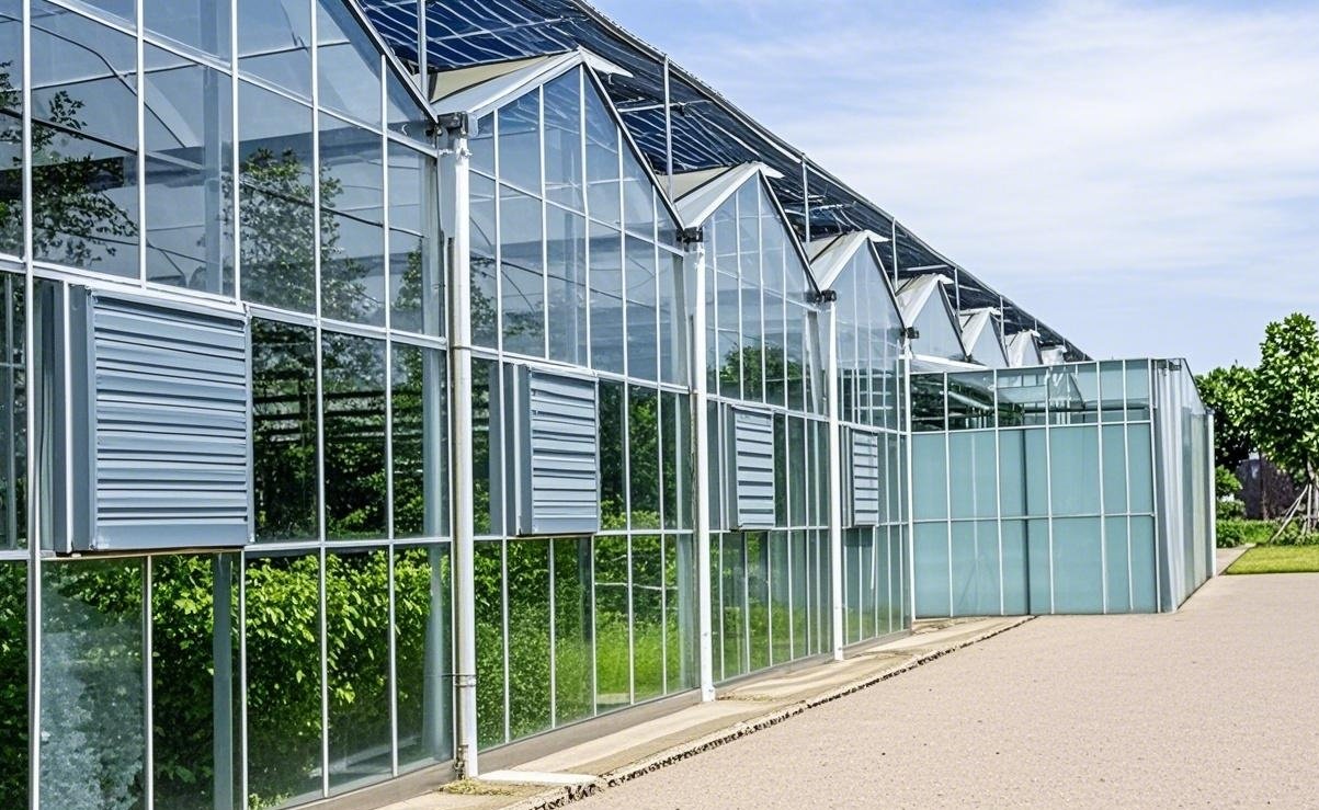CFGET glass greenhouse exterior with roof and side ventilation openings